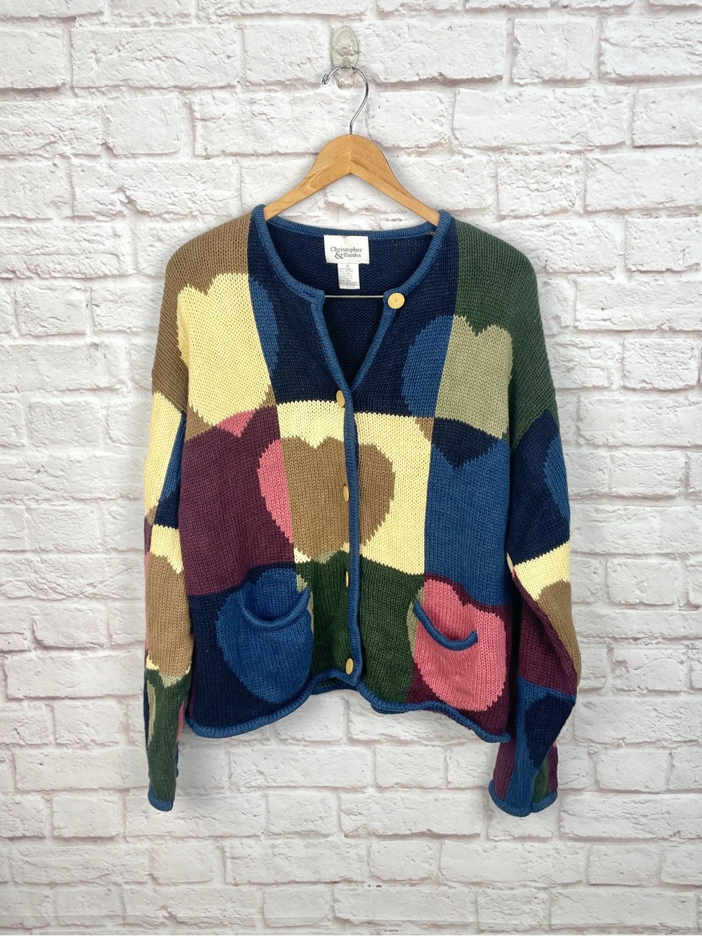 Christopher & Banks Colorful Hearts Knit Grandma Cardigan Sweater Size XL